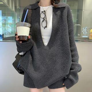 Collar Plain Ribbed Oversized Sweater / High Waist Knit Shorts / Long-Sleeve Round Neck Tee Product Image