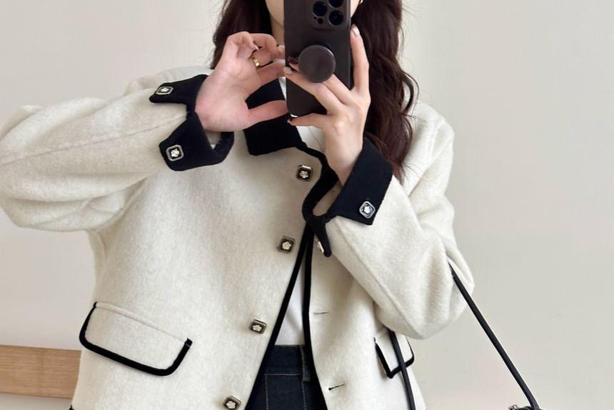 Collared Contrast Trim Button-Up Crop Jacket Product Image