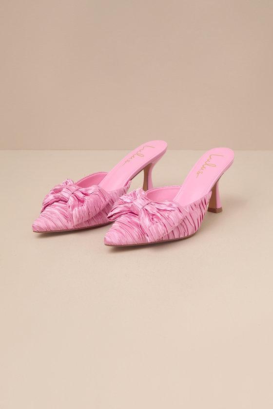 Bettanie Rose Pink Satin Textured Bow High Heel Mules Product Image