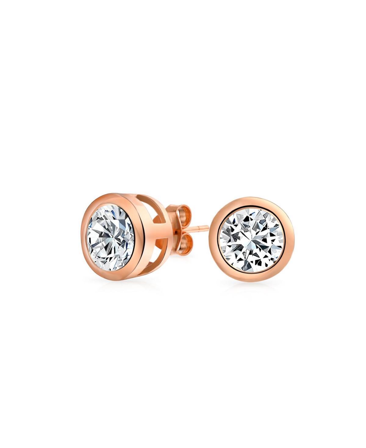 Bling Jewelry Simple Classic Bezel Set Cubic Zirconia Cz Round Solitaire Stud Earrings For Women Rose Gold Plated Sterling Silver 5MM Product Image