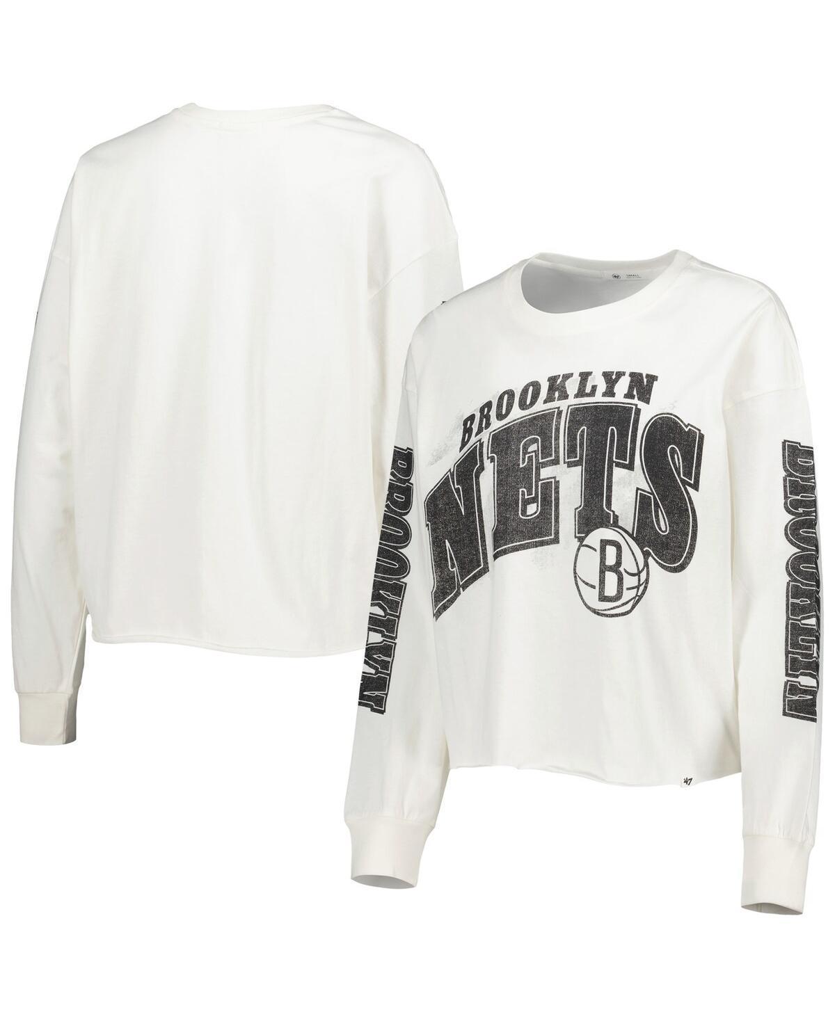 Womens 47 Cream Brooklyn Nets Parkway Brush Back Long Sleeve Cropped T-Shirt Product Image