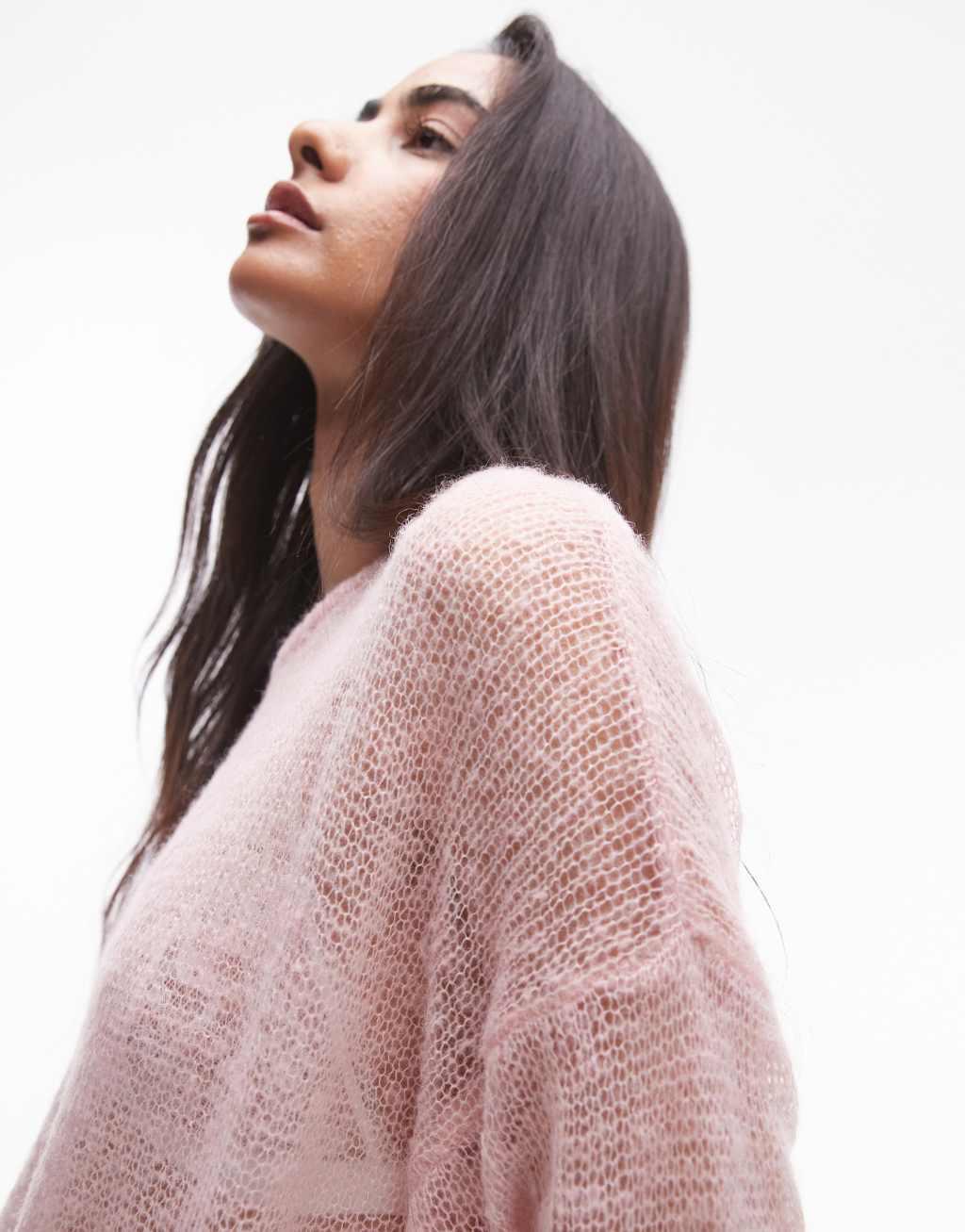 Topshop knit sheer longline sweater in pink Product Image