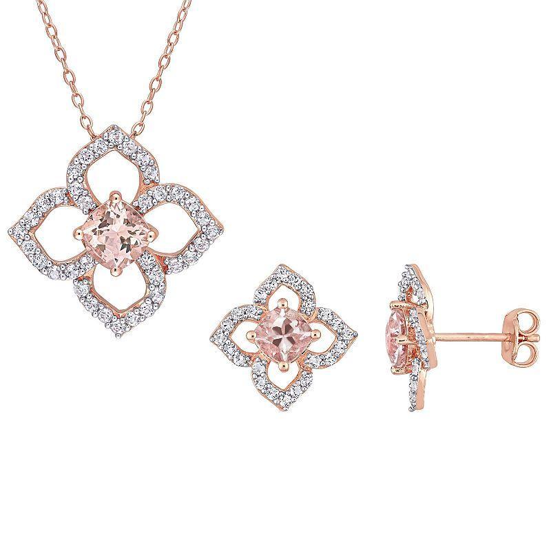 Stella Grace 18k Rose Gold Over Silver Morganite & White Topaz Floral Earring & Pendant Necklace Set, Womens 18k Pink Plated Product Image