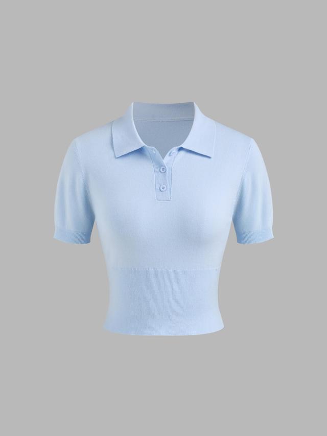 Knitted Polo Solid Button Short Sleeve Crop Top Product Image