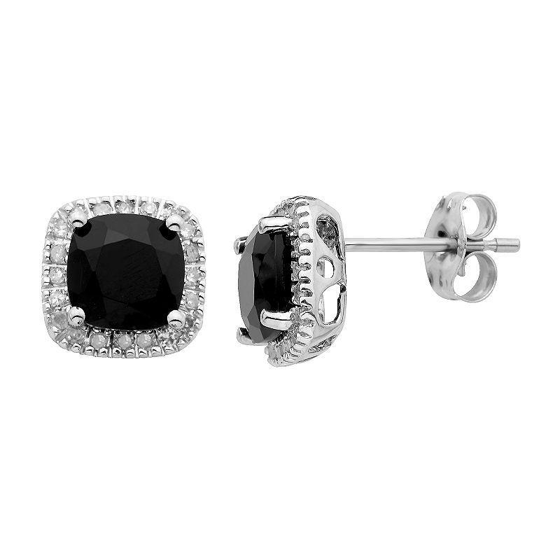 Onyx and 1/6 Carat T.W. Diamond 10K Gold Halo Button Stud Earrings, Womens, Black Product Image