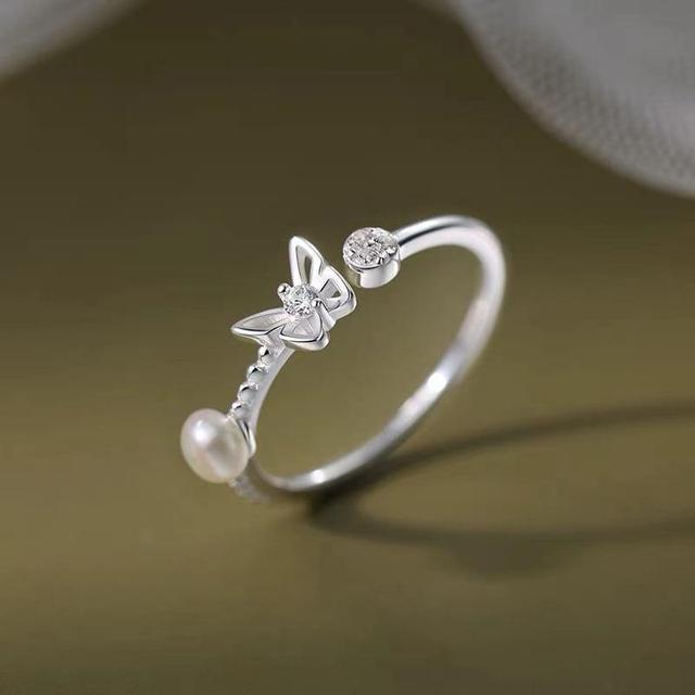 925 Sterling Silver Rhinestone Butterfly Faux Pearl Open Ring Product Image