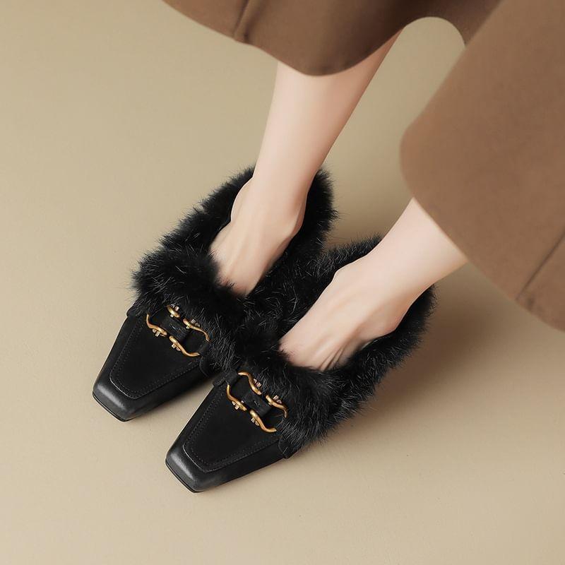 Square Toe Fluffy Trim Chunky Heel Loafers Product Image