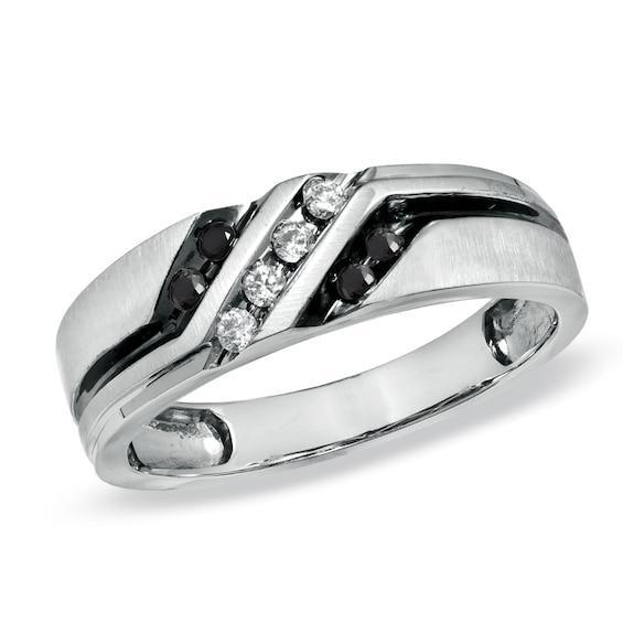 Men's 1/5 CT. T.w. Black and White Diamond Slant Wedding Band in 10K White Gold Product Image