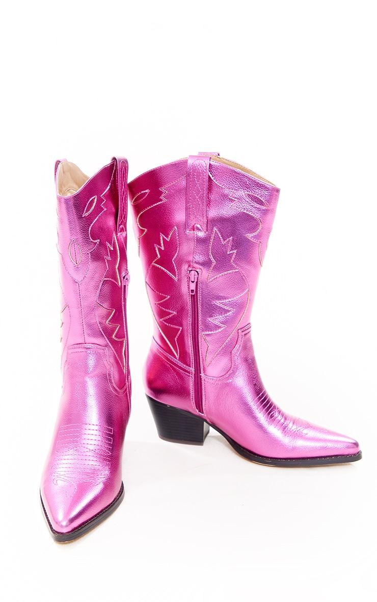 Pink Faux Leather Metallic Shine Block Heel Low Western Calf Boots Product Image