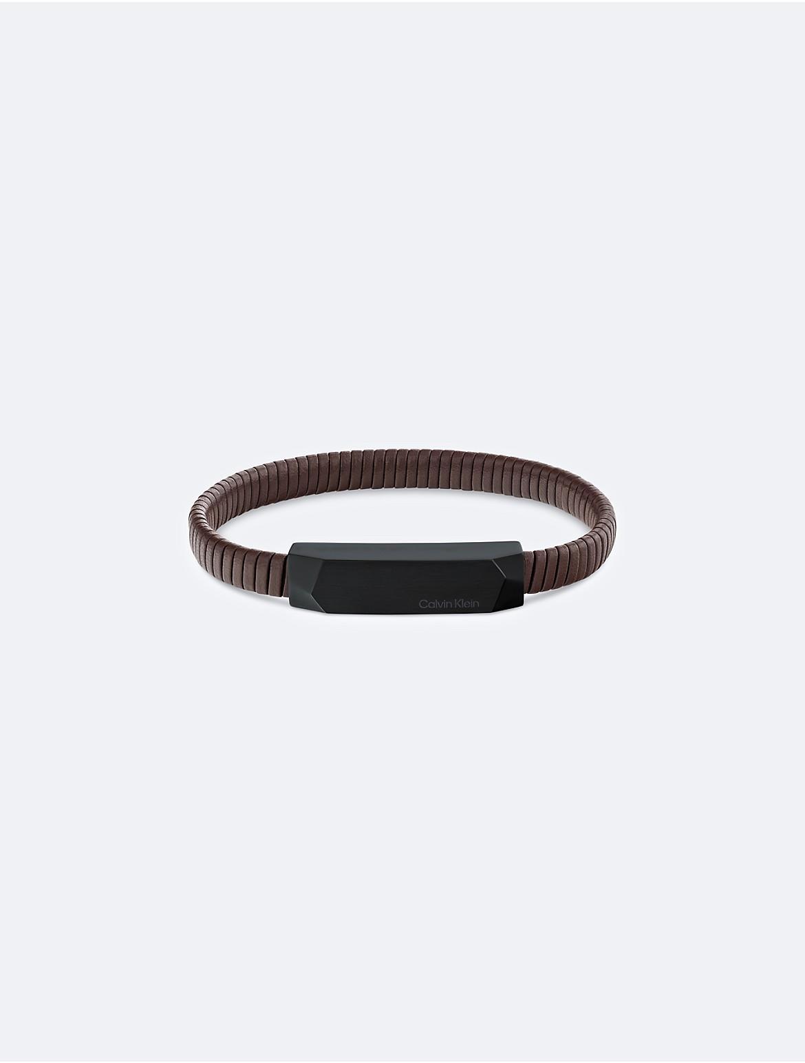 Calvin Klein Mens Metal Logo Plaque Leather Bracelet - Brown Product Image