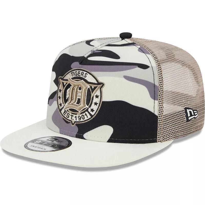 Mens New Era White Detroit Tigers Chrome Camo A-Frame 9FIFTY Trucker Snapback Hat Product Image