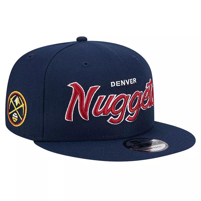 Mens New Era Denver Nuggets Evergreen Script Side Patch 9FIFTY Snapback Hat, Blue Product Image