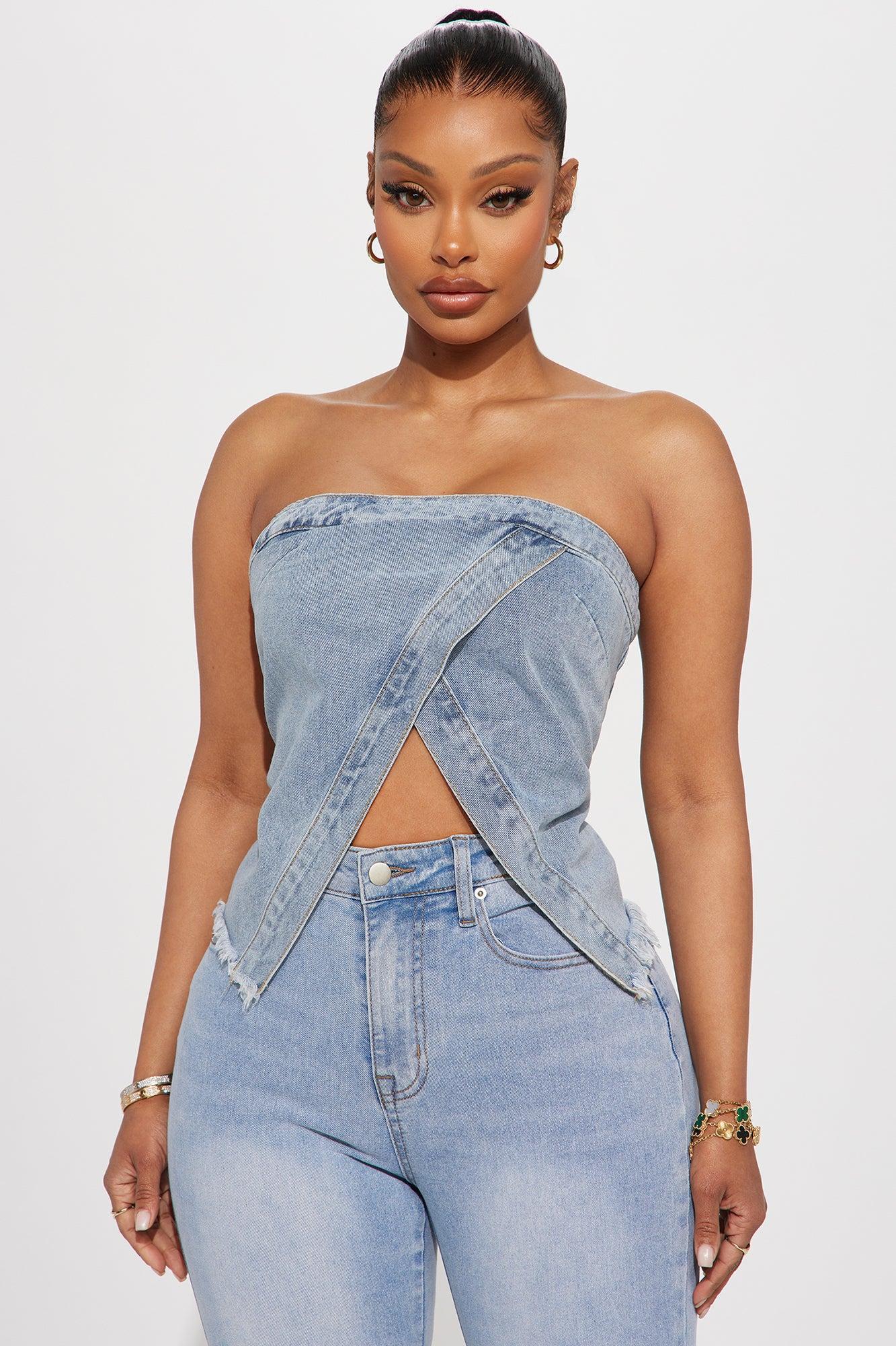 Wild And Free Distressed Denim Top - Medium Wash Product Image