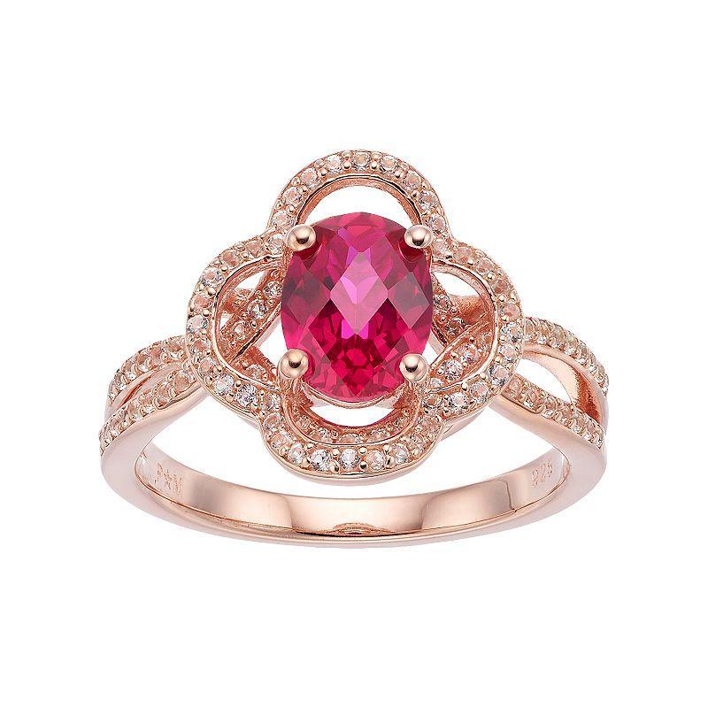 14k Rose Gold Over Silver Lab-Created Ruby & White Sapphire Flower Ring, Womens Red Product Image