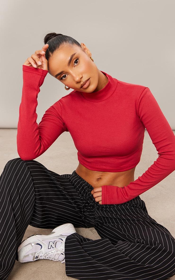 Red Ribbed Basic High Neck Long Sleeve Crop Top Product Image