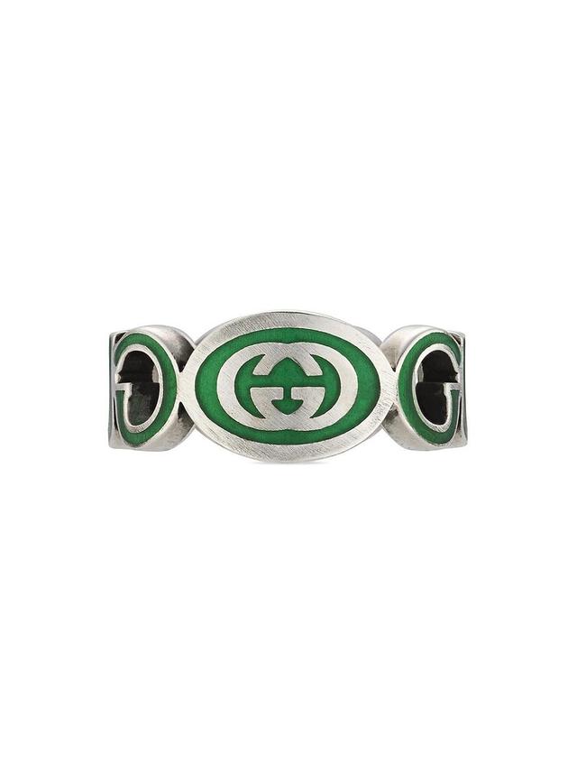 Womens Interlocking G Sterling Silver & Green Enamel Cut-Out Ring Product Image