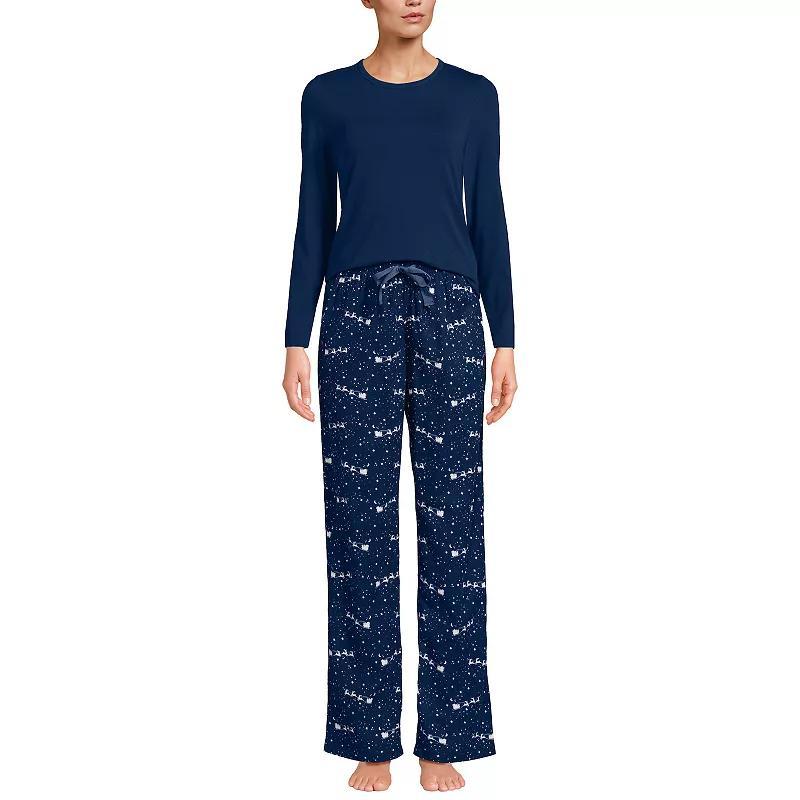 Petite Lands End Knit Long Sleeve Pajama Top and Pajama Flannel Pants Sleep Set, Womens Product Image