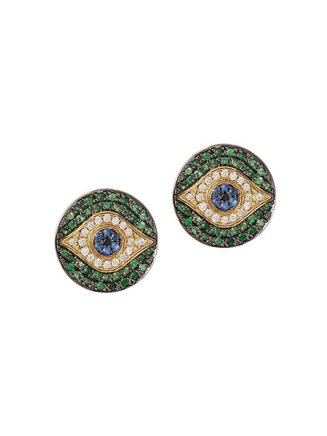 Womens Evil Eye Mini 18K Yellow Gold, White Diamond, Black Diamond, Blue Sapphire & Tsavorite Stud Earrings Product Image