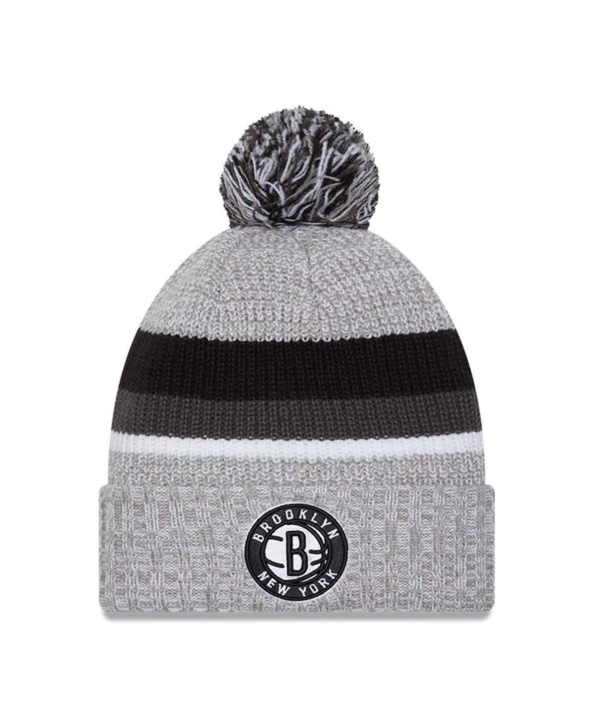 Mens New Era Heather Gray Brooklyn Nets Stripes Cuffed Knit Hat with Pom Product Image