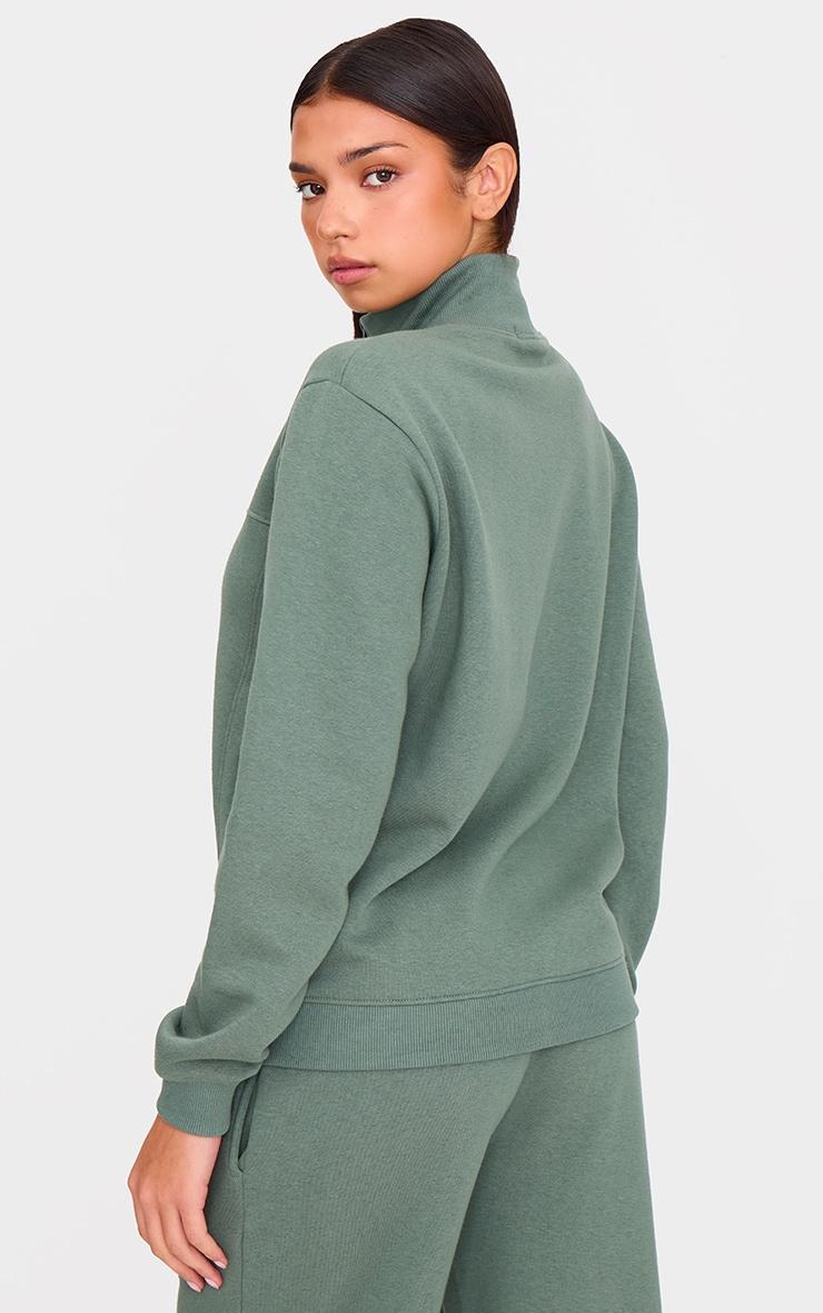 Olive Seam Detail Zip Through High Neck Sweatshirt Product Image