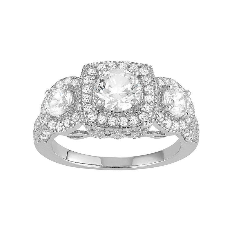 Designs by Gioelli Sterling Silver Lab-Created White Sapphire 3-Stone Halo Engagement Ring, Womens Product Image