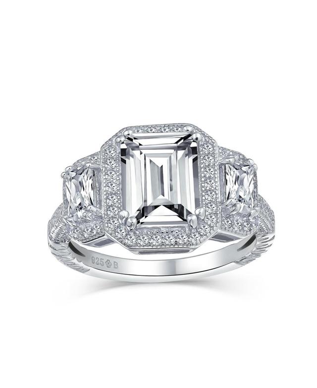 Bling Jewelry Estate Art Deco Style 3CT Aaa Cz Halo Rectangle Emerald Cut Statement Engagement Ring For Women Cz Baguette Side Stones .925 Sterling Si Product Image