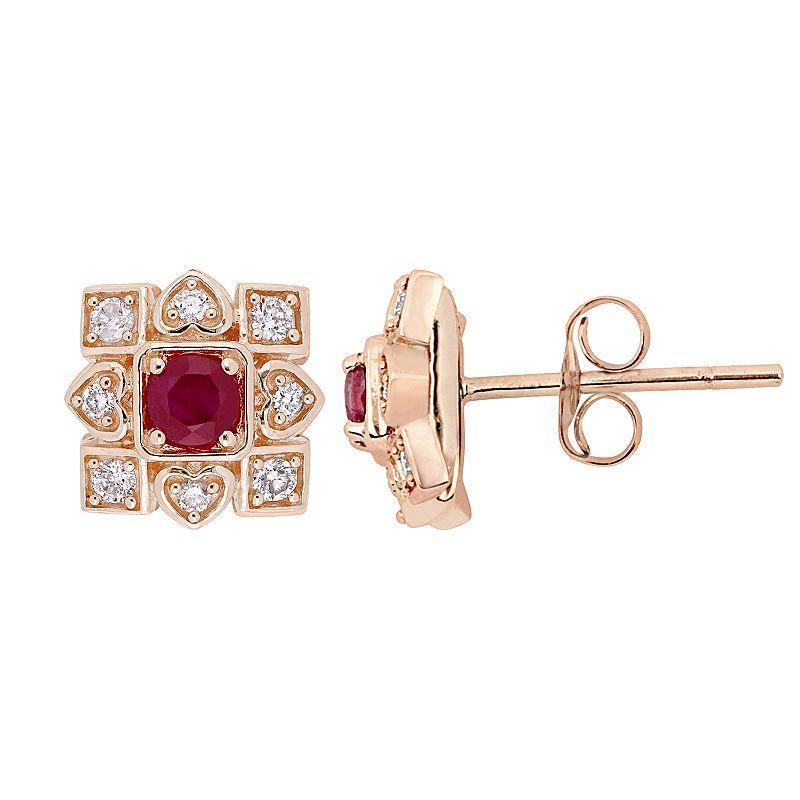 Stella Grace 10k Rose Gold 1/5 Carat Diamond & Ruby Square Stud Earrings, Womens, 10k Pink Product Image