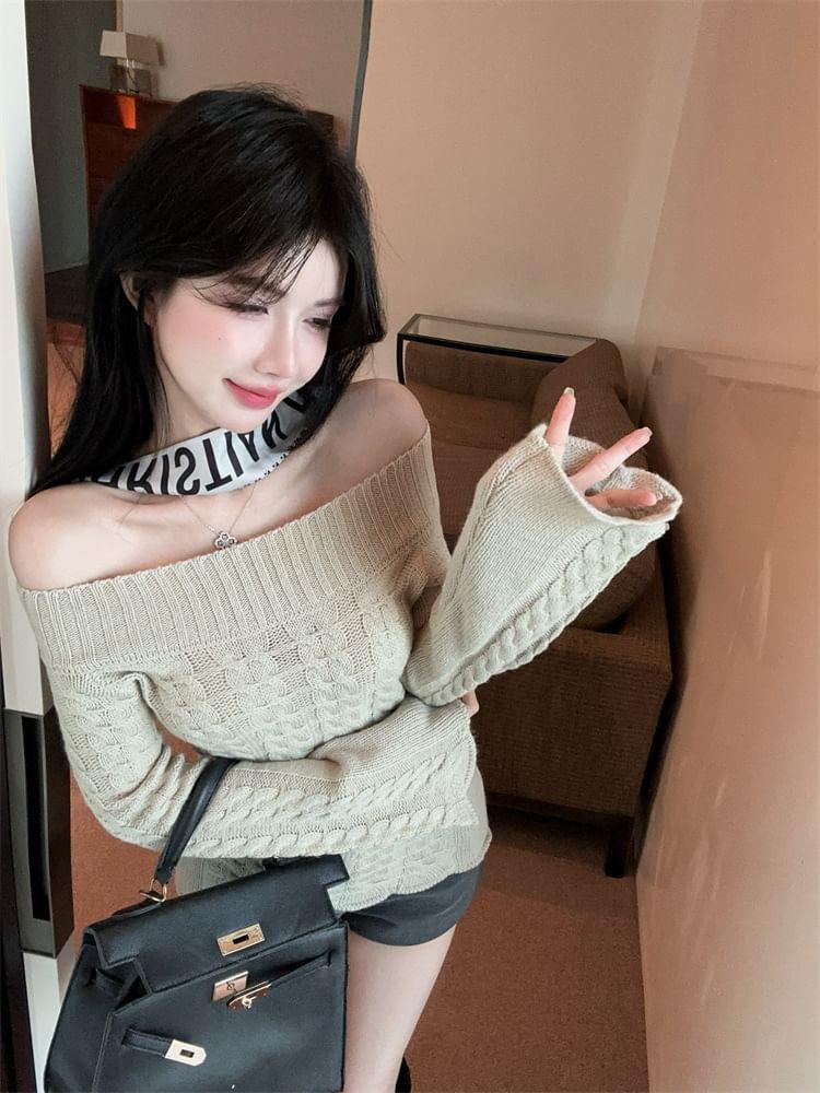 Flared-Sleeve Off-Shoulder Plain Sweater Product Image