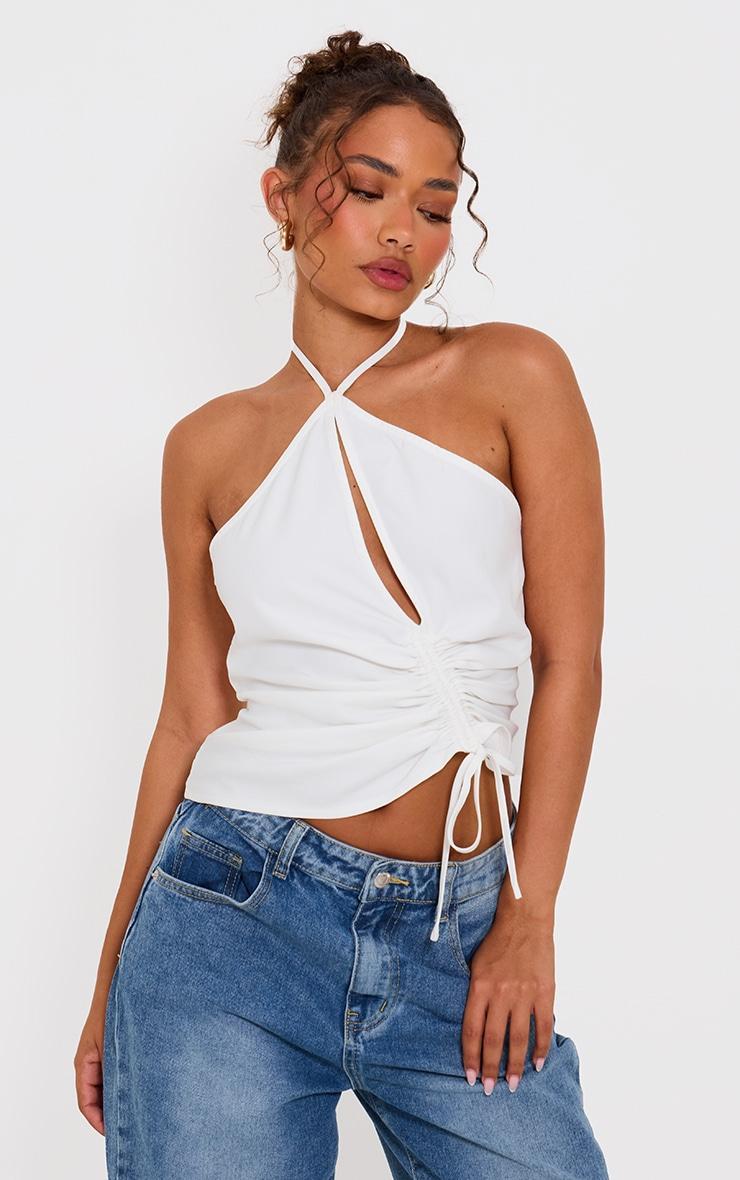 Petite White Woven Ruched Cut Out Top Product Image