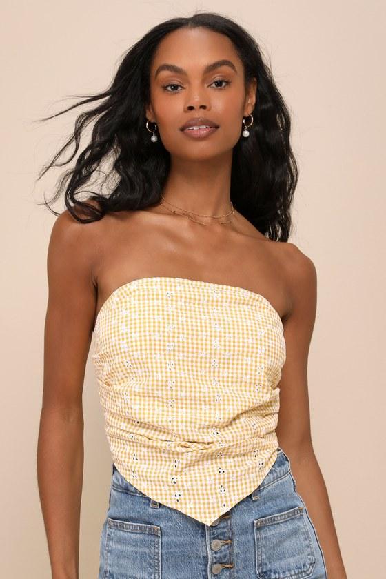 Sunny Loveliness Yellow Gingham Eyelet Pleated Strapless Top Product Image