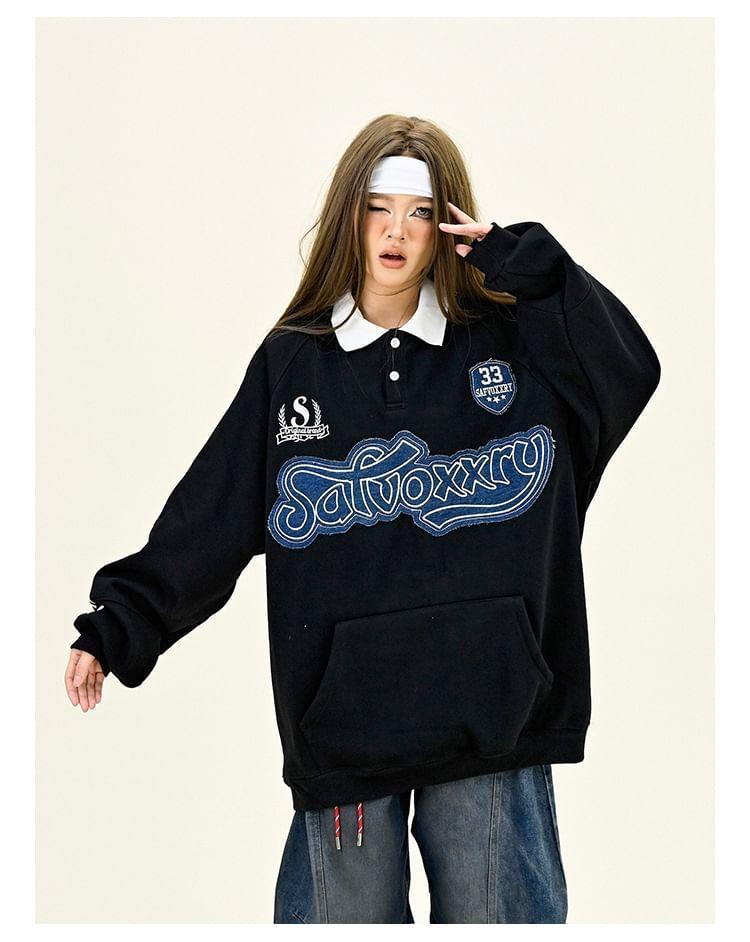 Polo Collar Lettering Embroidered Oversized Sweatshirt Product Image