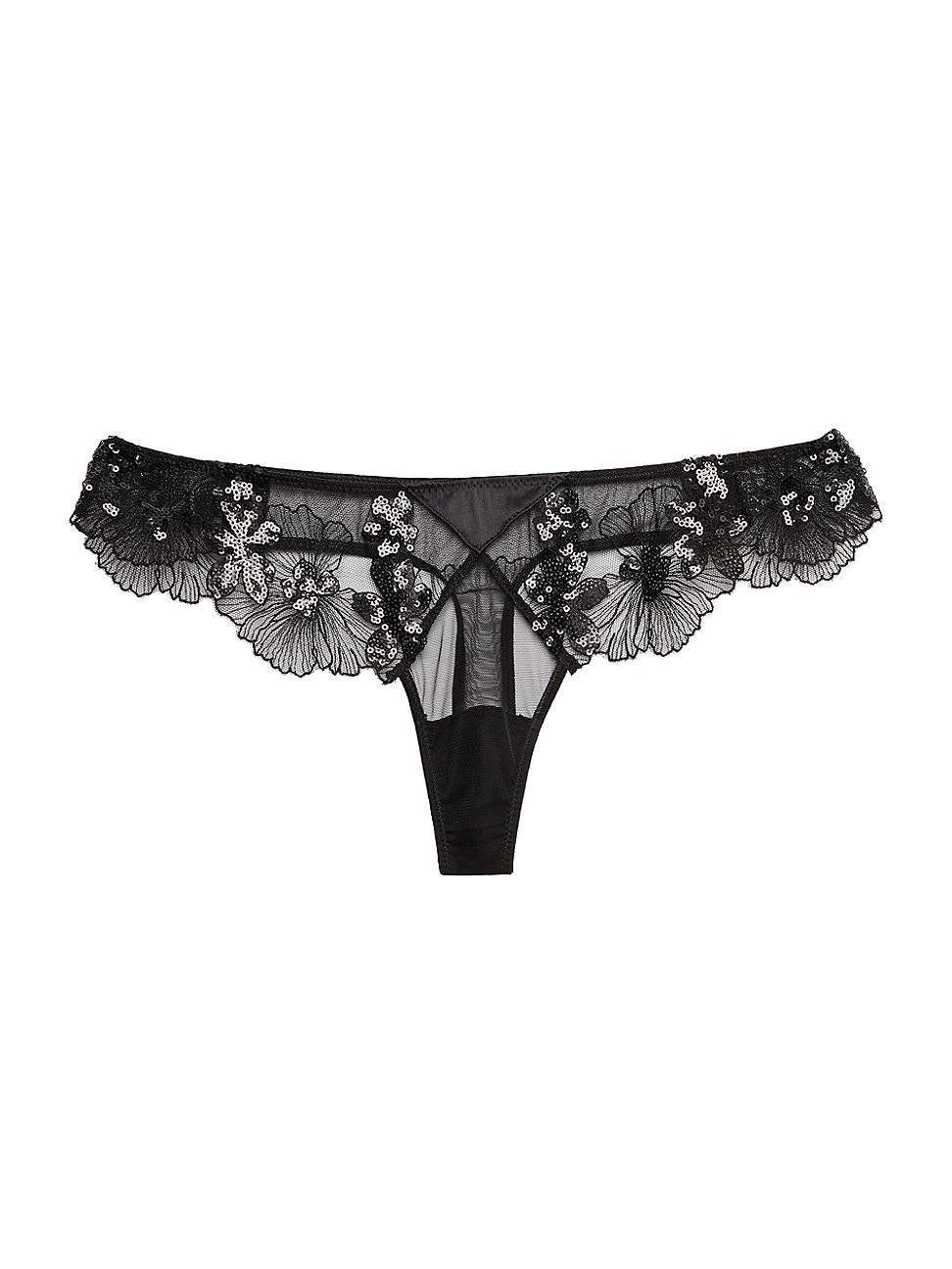 Womens Embroidered Sequined Lace Thong Product Image