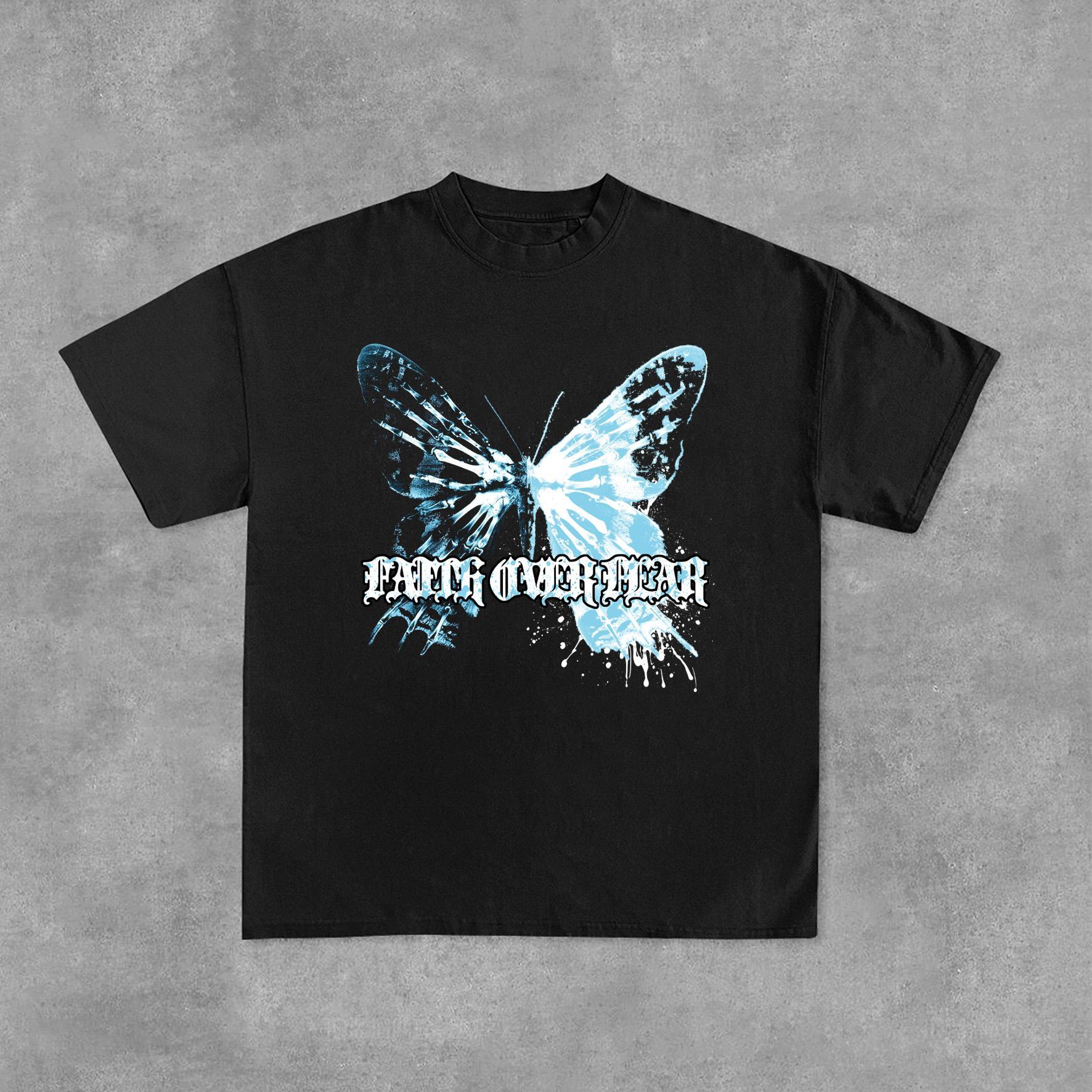 Irregular Butterfly Graphics Faith Over Fear Print Cotton T-Shirt Product Image