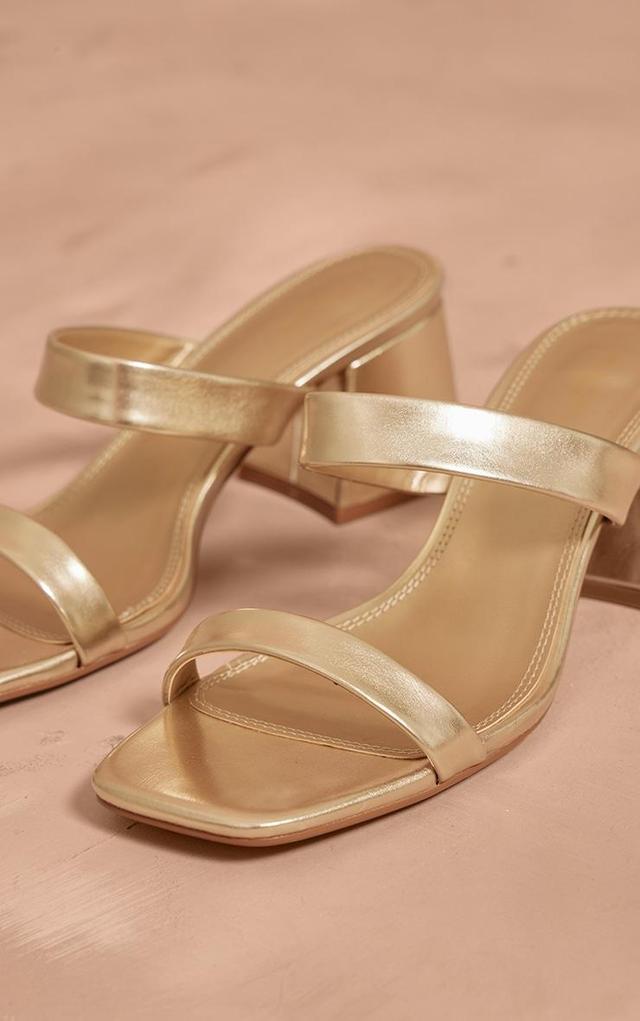 Gold PU Wide Fit Square Toe Block Heeled Mules Product Image