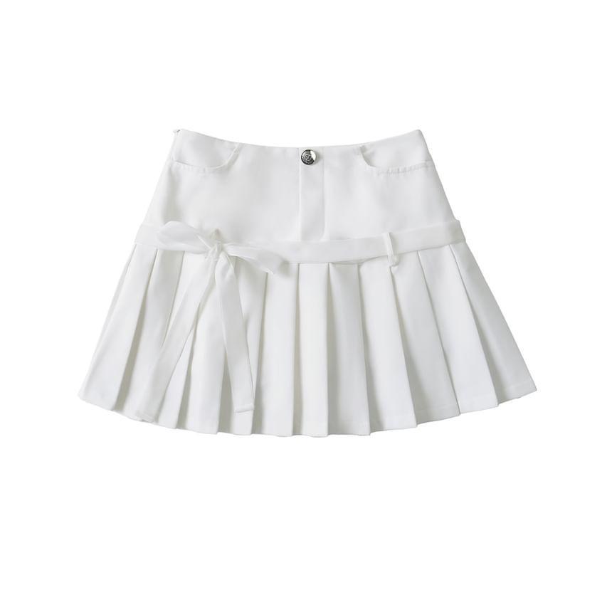 High Rise Bow Pleated Mini A-Line Skirt Product Image