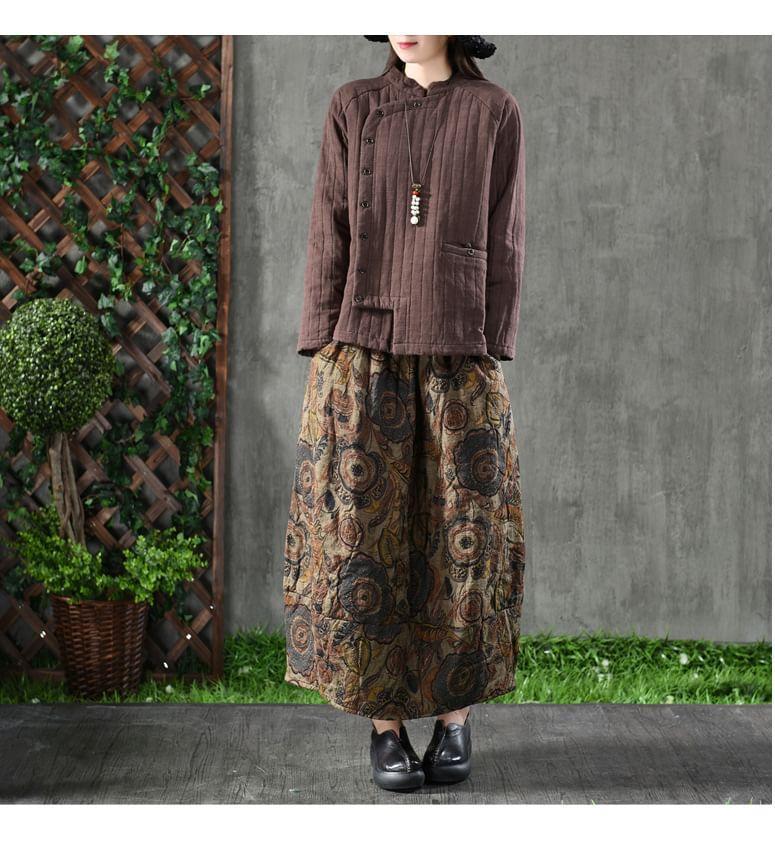 High Waist Floral Print A-Line Cotton Linen Skirt Product Image