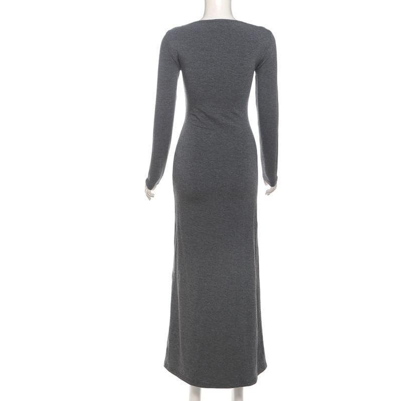 Long Sleeve Scoop Neck Plain Maxi Bodycon Dress Product Image