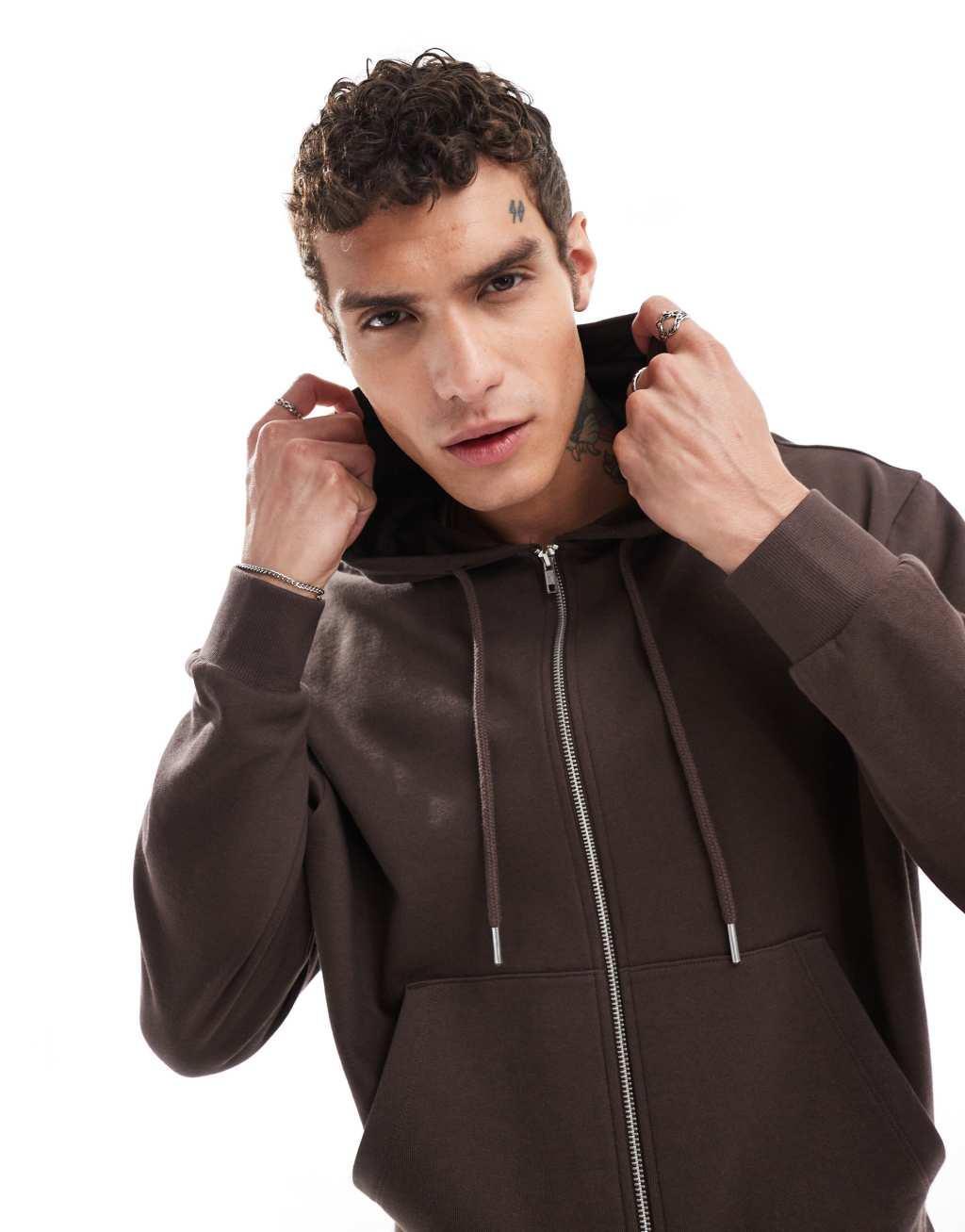 ASOS DESIGN essential boxy oversized zip up hoodie in brown Product Image