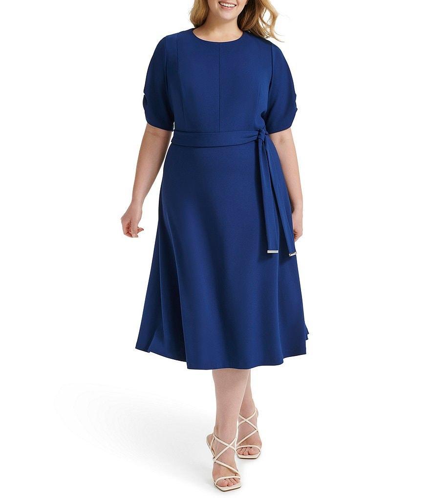 DKNY Plus Size Ruched Sleeves Crew Neck Tie Waist Midi Dress Product Image