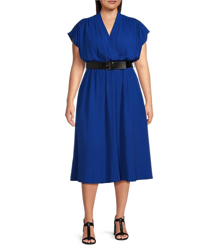 Calvin Klein Plus Size Short Sleeve V-Neck Belted Midi Fit and Flare Dress Product Image