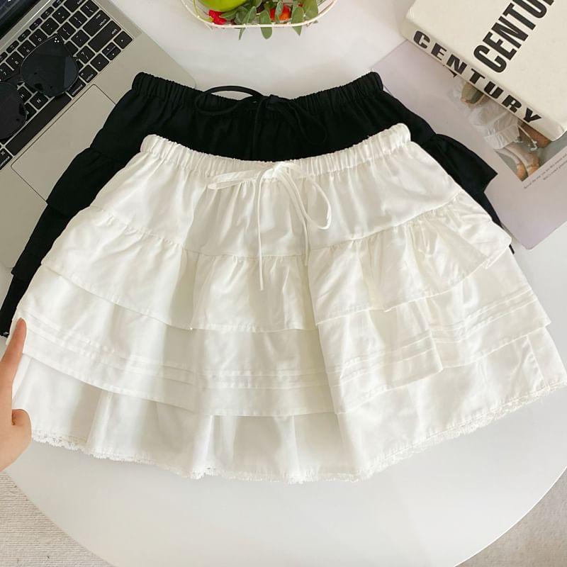 Drawstring Waist Plain Lace Trim Mini A-Line Skirt Product Image