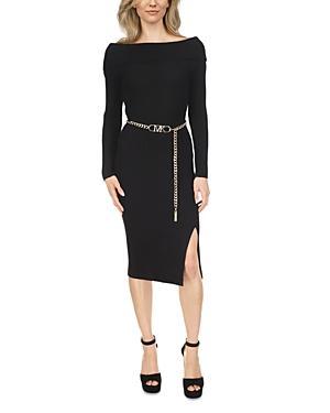 Womens Wool-Blend Chainlink Belt Off-the-Shoulder Sweaterdress Product Image