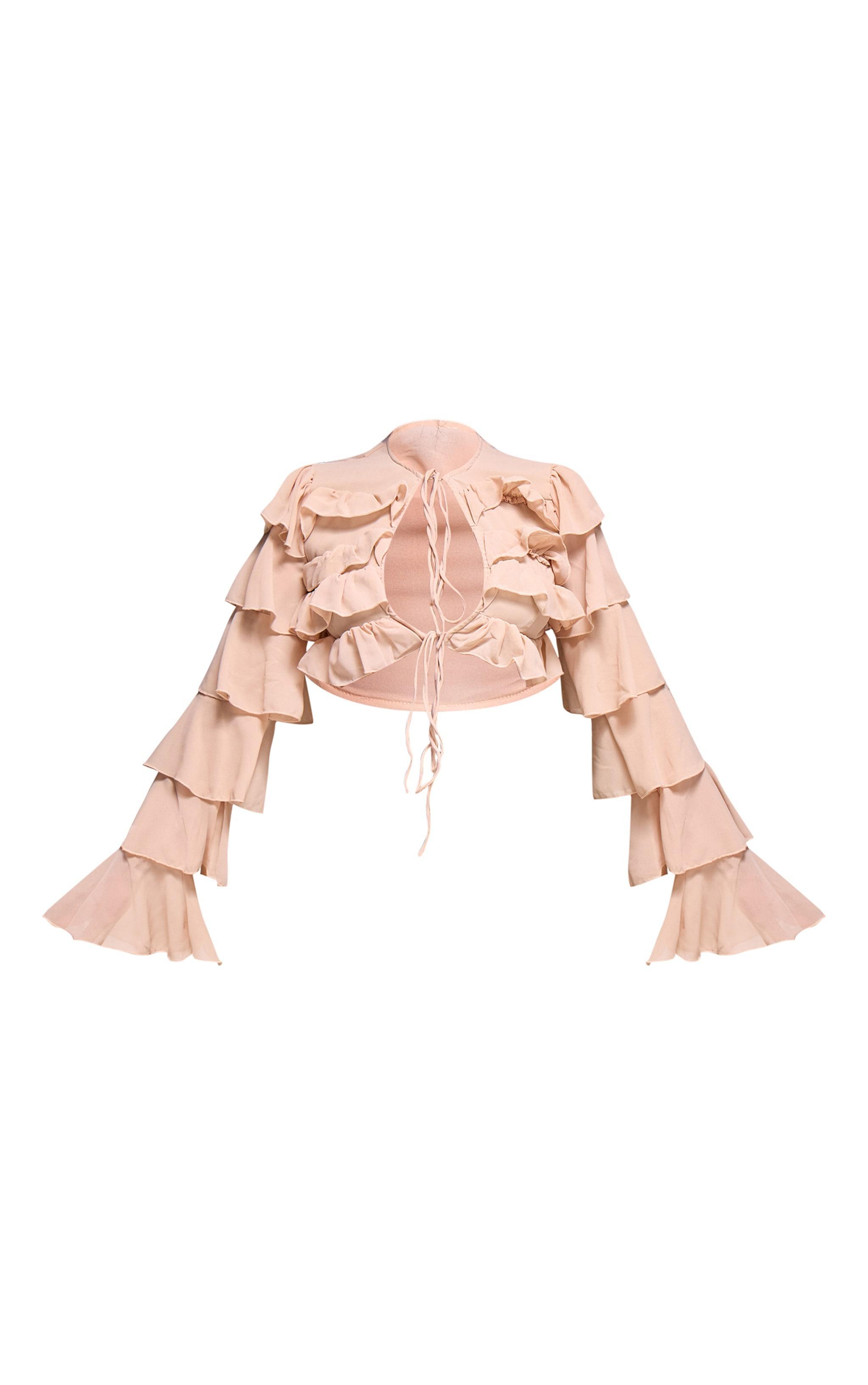 Light Nude Chiffon Ruffle Tie Detail Crop Top Product Image