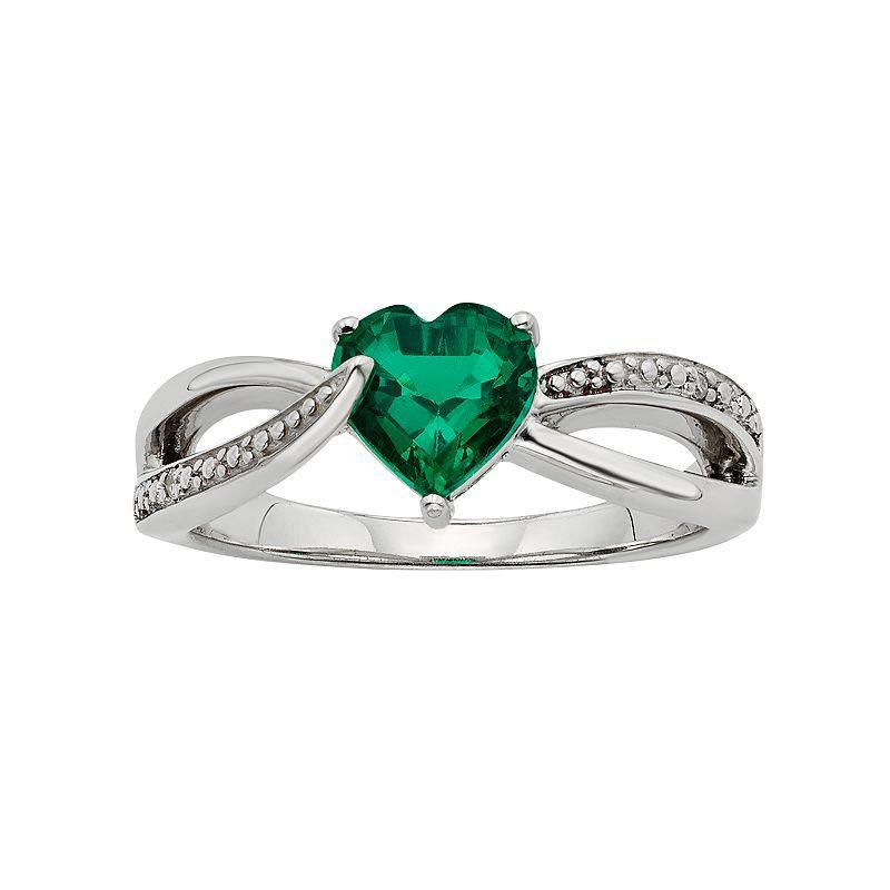 Lab-Created Emerald and Diamond Accent Sterling Silver Heart Bypass Ring, Womens Green Product Image