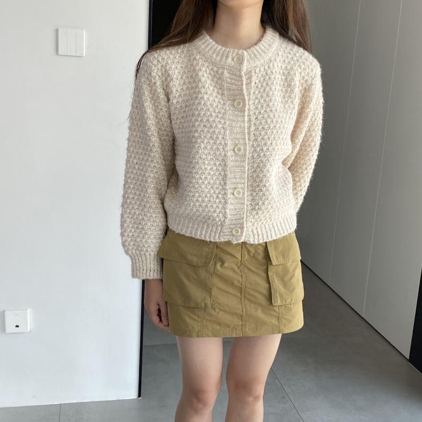 Crew Neck Plain Textured Crop Cardigan Product Image