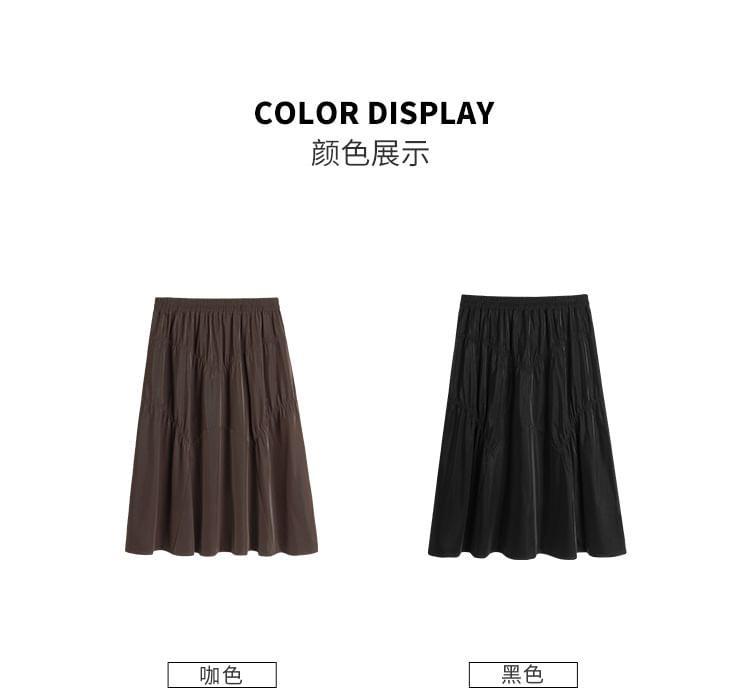 High Waist Plain Ruched Faux Leather Midi A-Line Skirt Product Image