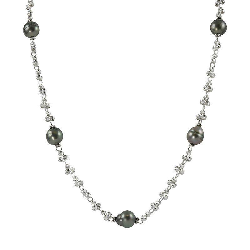 Sterling Silver Tahitian Cultured Pearl Bead Station Necklace, Womens Product Image