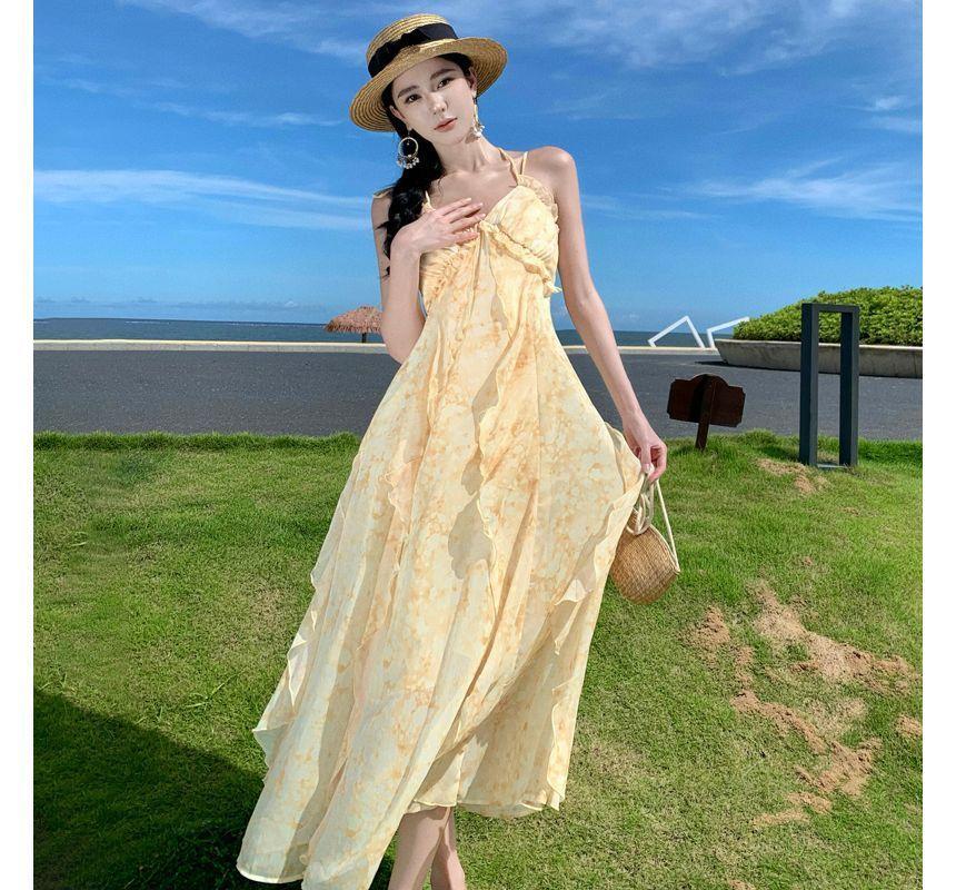 Spaghetti Strap Floral Print Ruffle Midi A-Line Dress Product Image