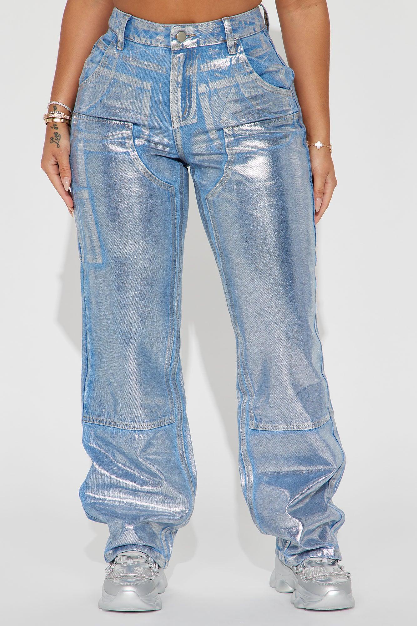 Big Time Magic Metallic Coated Straight Leg Jeans - Light Wash Product Image