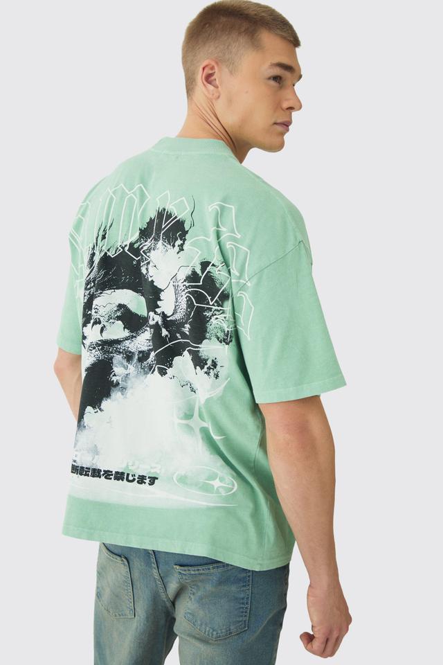 Oversized Over Seams Extended Neck Dragon Wash Print T-Shirt | boohooMAN USA Product Image